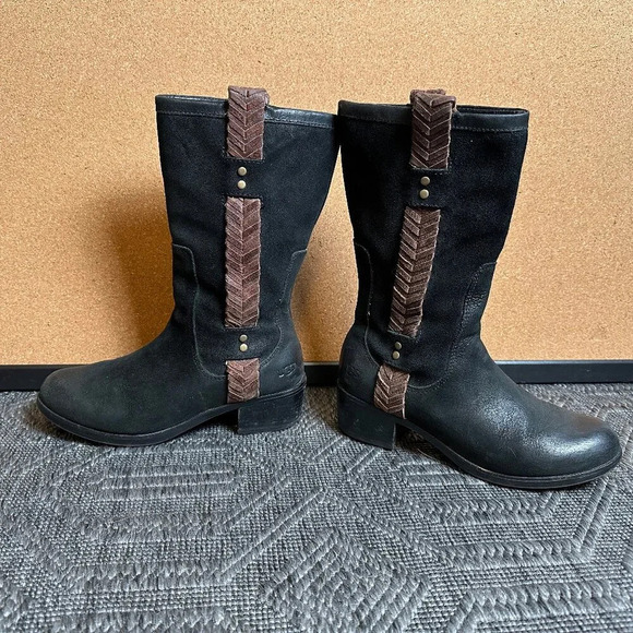 UGG Jaspan Black Brown Leather Suede Braided Riding Western Boots Size 6.5 - Picture 1 of 7